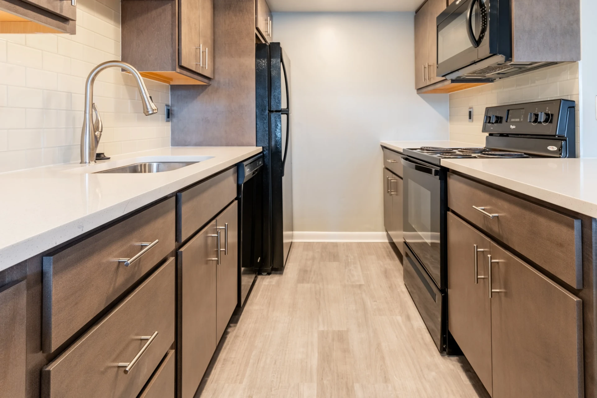 The full kitchen in a furnished apartment at Calder Commons in downtown State College, Pennsylvania.