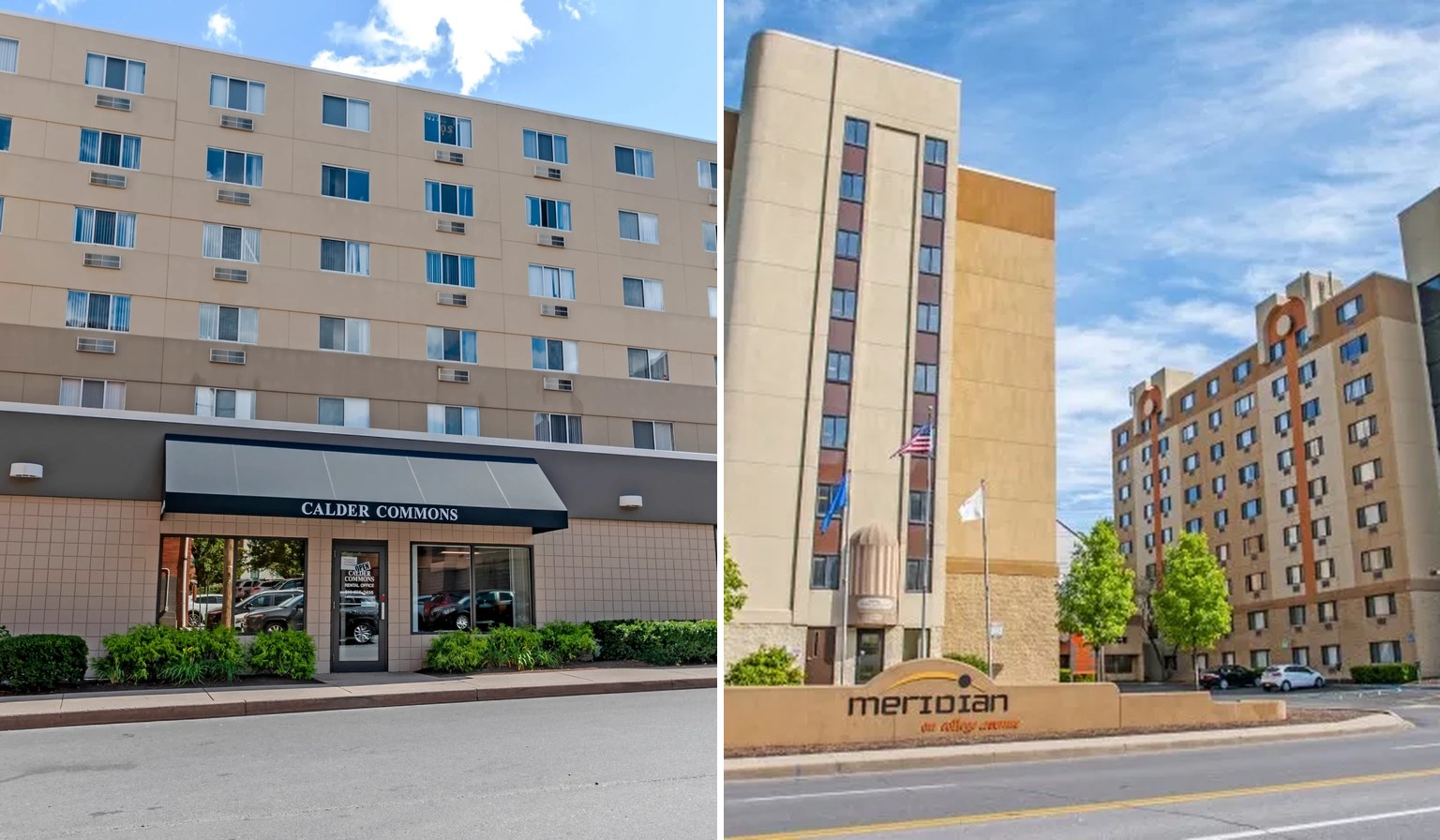 Side-by-side exterior photos of Calder Commons and Meridian on College Avenue, the two downtown State College student apartment buildings compared in this Penn State housing guide.