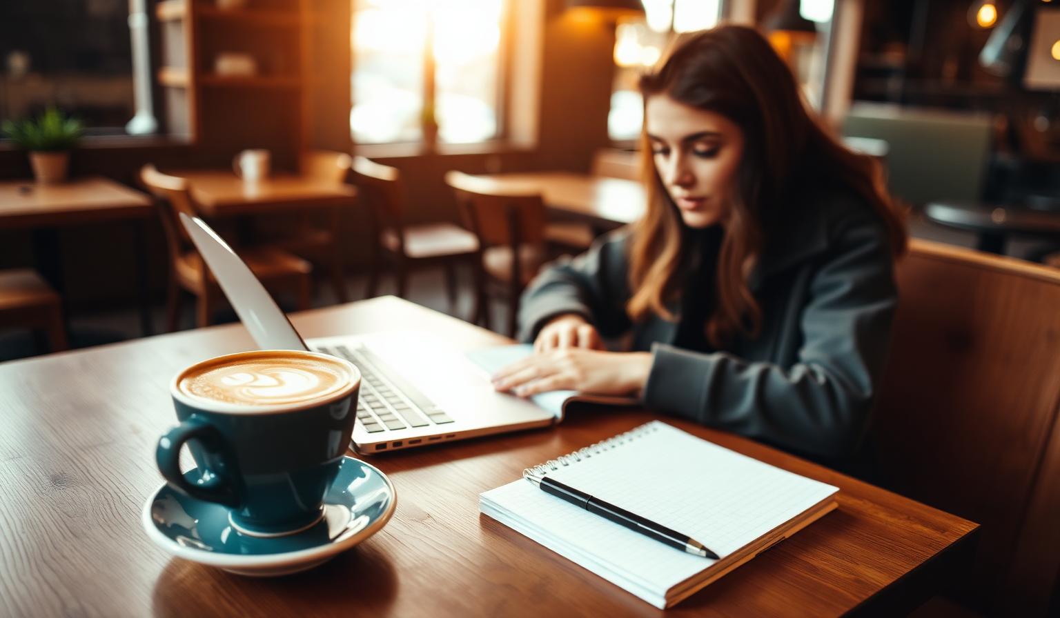 Illustrative stock photo of a student studying with a latte and a laptop at a softly lit coffee shop (not a specific café or city).
