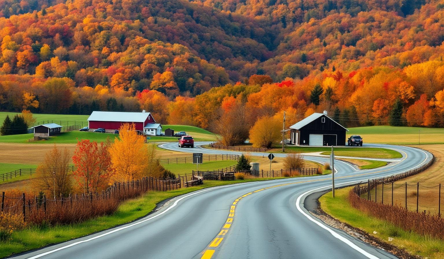 Illustrative stock photo of a winding rural road with a red barn and rolling hillsides in autumn (not a specific location).