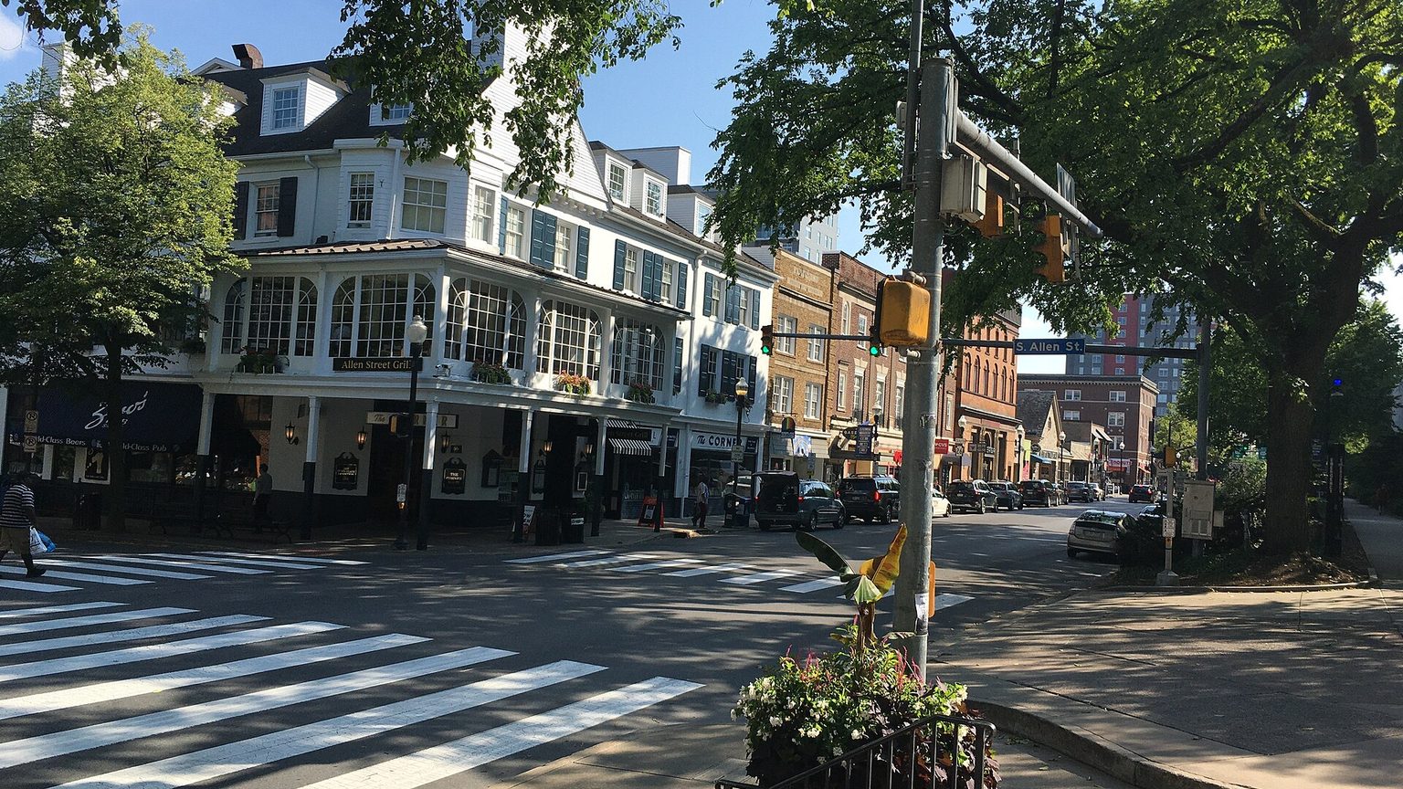 The College Avenue and Allen Street intersection in downtown State College, Pennsylvania, the main pedestrian gateway to the Penn State University Park campus.