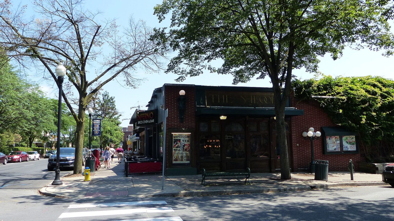 Storefronts along a downtown State College, Pennsylvania street near the Penn State campus, a few blocks from student apartment buildings on Calder Way.