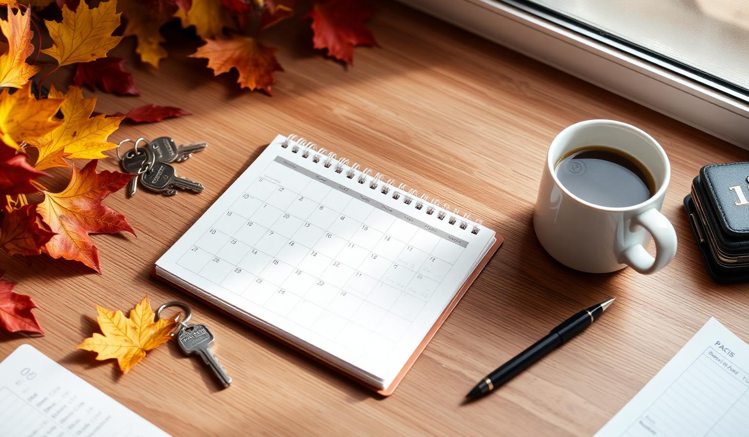 Illustrative desk scene with a planner, apartment keys, and a coffee cup — representing the Penn State off-campus housing leasing timeline for the 2027–28 term (stock imagery).