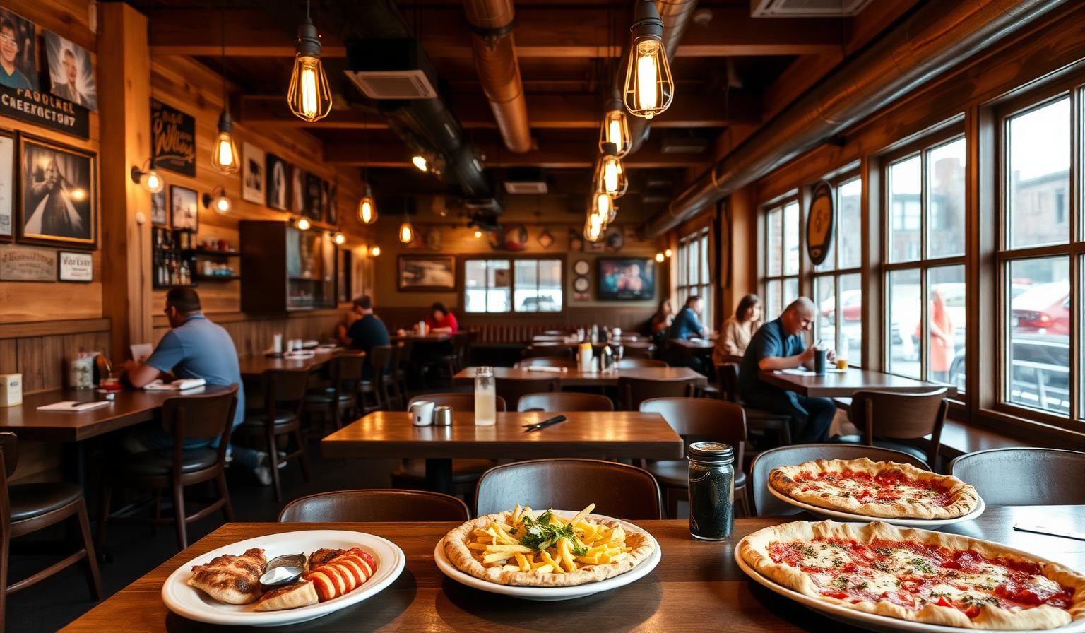 Illustrative stock photo of a warmly lit restaurant interior with wooden tables and plated food (not a specific restaurant or city).