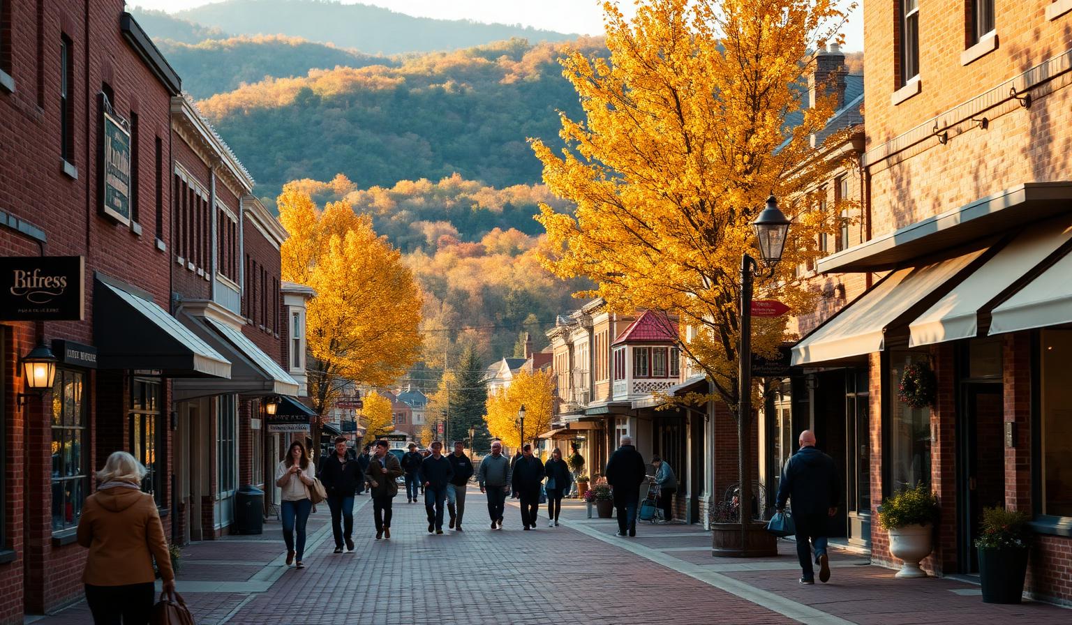 Illustrative stock photo of a small-town main street in autumn with brick storefronts and rolling hills (not a specific street or city).