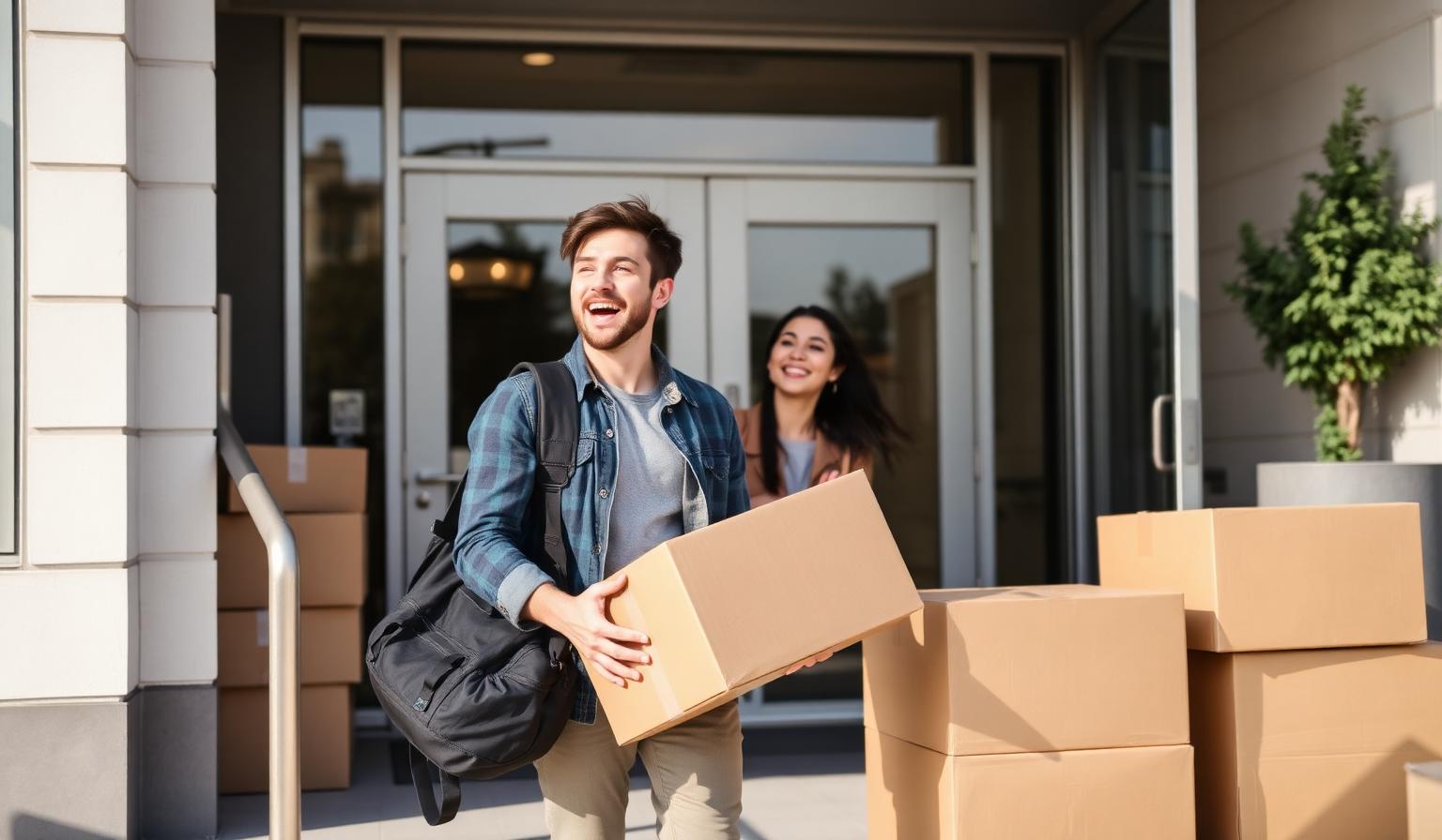 Illustrative stock photo of a college student moving into an apartment with moving boxes on move-in day (not a specific location).